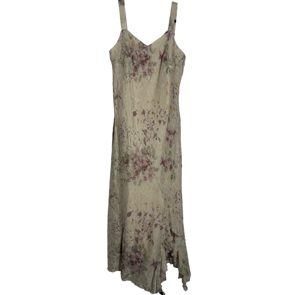 Y2K Floral Crinkle Chiffon Midi Dress Asymmetric Handkerchief Hem‎ 12P Romantic
